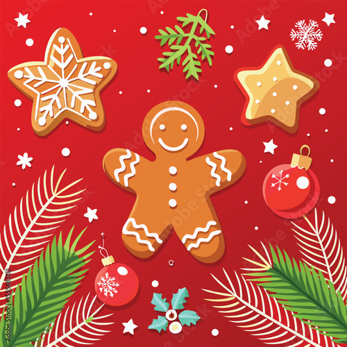 Red Christmas gingerbread background. Xmas design with winter cookies, fir branches, snowflakes and snow. Empty space for your text. Template for cards, banner, poster.
