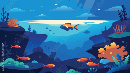 Aquatic scene with fish coral and cloudy sky in blue tones landscape illustration