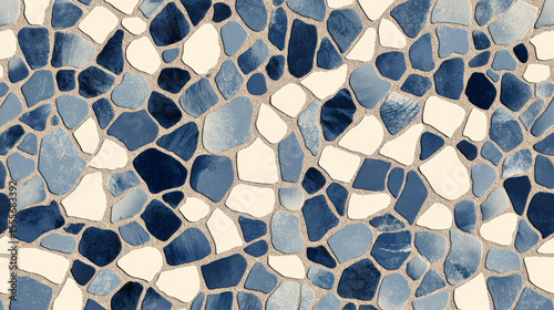 A profoundly minimalist top-down illustration showcasing a select cluster of irregular navy, sky blue, and white mosaic tiles set against pristine tan beige grout lines. Generative AI