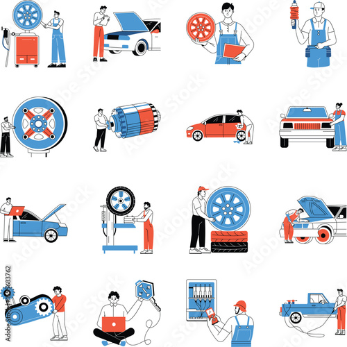 Collection of Car Services Drawing Style Illustrations 
