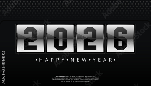 Happy New Year 2026 depicted with flipped card number displays on dark dotted background