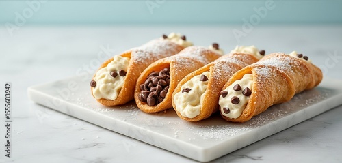 Crisp Sicilian cannoli with ricotta filling on marble