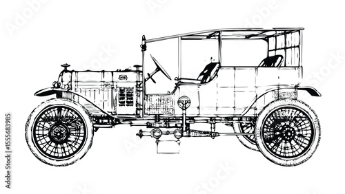 Antique Automobile Technical Illustration in Stipple Ink Style. Vintage Car Blueprint Drawing. Retro Mechanical Engraving
