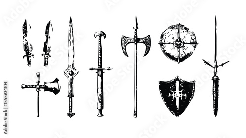 Medieval Weapons Icon Pack in Stipple Ink Style. Black and White Vector Collection of Classic Knight Armament. Antique Engraving Set