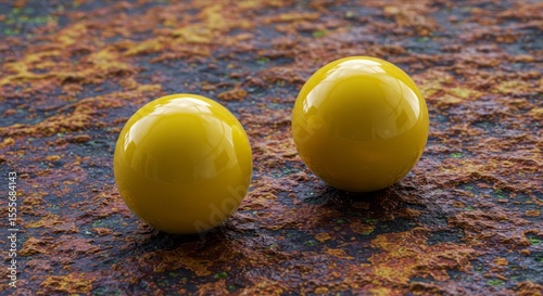 Two Shiny Yellow Spheres on Textured Rusty Metallic Surface