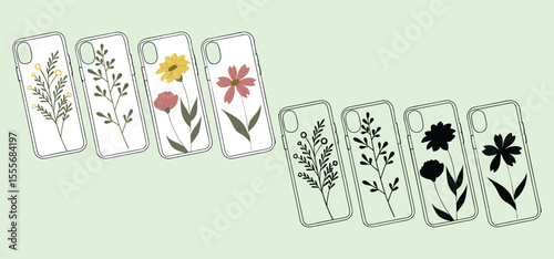 Stylish floral phone case designs featuring botanical illustrations in diverse colors and simple outlines
