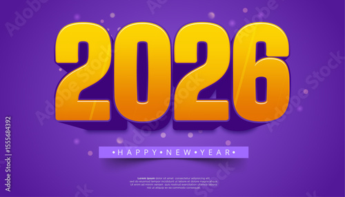 2026 Happy New Year greeting bold yellow 3D numerals on purple background