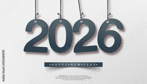 Hanging 2026 New Year's numerals on strings against a white background Happy New Year text included