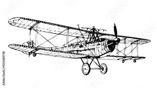 WWI Biplane Technical Illustration in Stipple Ink Style. Black and White Drawing of a Vintage Aircraft. Retro Aviation Manual Engraving