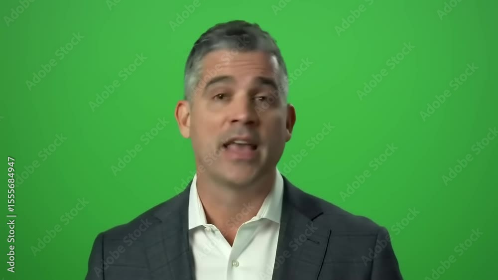 Professional man speaking confidently against a green screen backdrop, conveying a message about business strategies Professional man speaking confidently against a green screen backdrop, conveying a message about business strategies