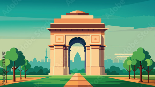 A vector art of a monument with trees and a city in the back landscape illustration