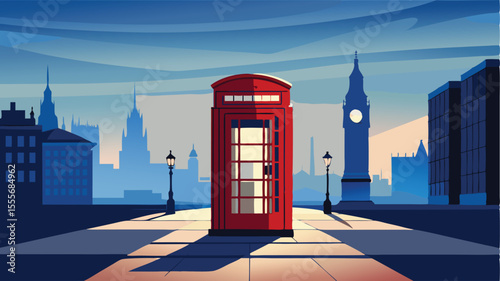 Red telephone booth with city buildings in the background landscape illustration