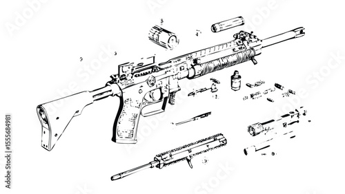 Gun Mechanism Technical Illustration in Stipple Ink Style. Exploded View of Firearm Parts. Classic Gunsmith Manual Engraving
