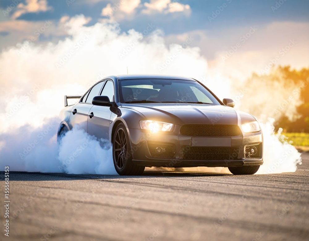 Obraz premium grey car drifting at sunset