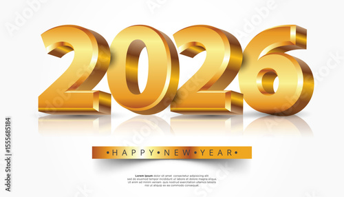 Golden 2026 with Happy New Year text celebratory greeting on white reflective surface