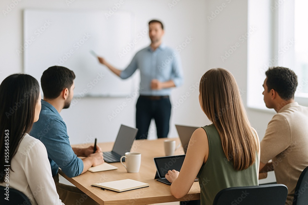 Modern Office Team Meeting with Blurred Presenter and Engaged Members Modern Office Team Meeting with Blurred Presenter and Engaged Members