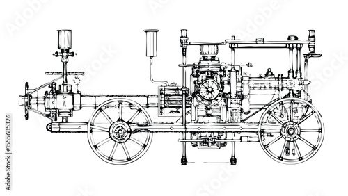 Steam Engine Technical Illustration in Stipple Ink Style. Black and White Drawing of an Old Industrial Machine. Retro Mechanical Manual Engraving
