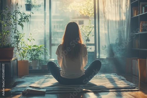 Routine health and wellness concept, woman practicing mindfulness meditation at home, focusing on mental well-being., Generative AI