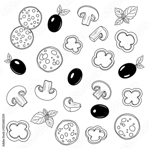 Pizza toppings pepperoni olives mushrooms peppers and basil isolated