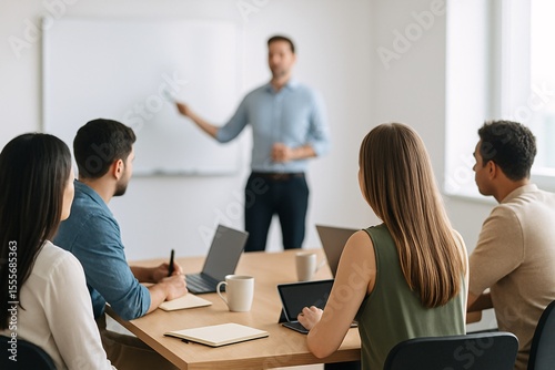 Modern Office Team Meeting with Blurred Presenter and Engaged Members