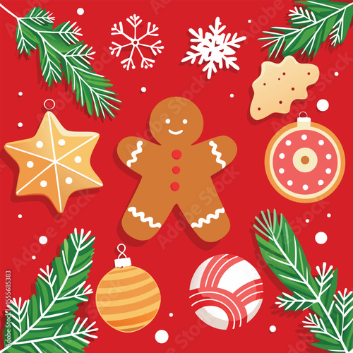 Red Christmas gingerbread background. Xmas design with winter cookies, fir branches, snowflakes and snow. Empty space for your text. Template for cards, banner, poster.
