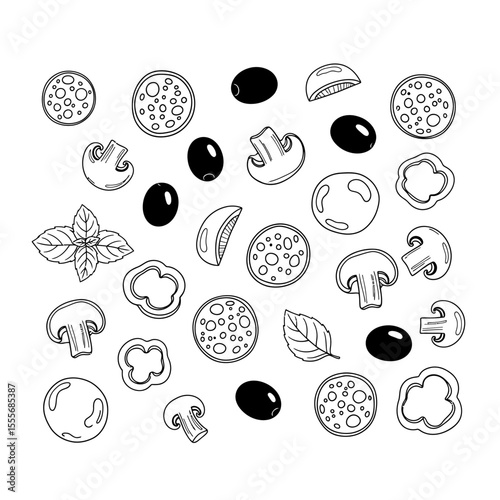 Pizza toppings pepperoni olives mushrooms peppers and basil isolated