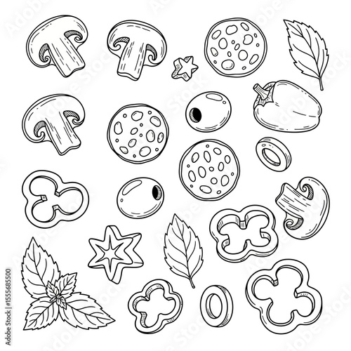 Pizza topping ingredients in line art style isolated on white background