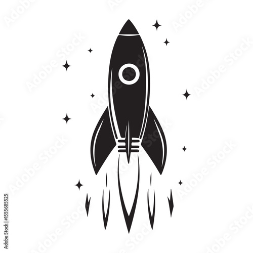 Realistic Flying rocket black and white drawing silhouette vector art design 