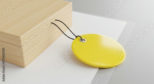 Wooden Box with Yellow Tag on White Paper Neutral Background