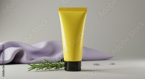 Yellow Cosmetic Tube with Lavender Sprig on Gray Background