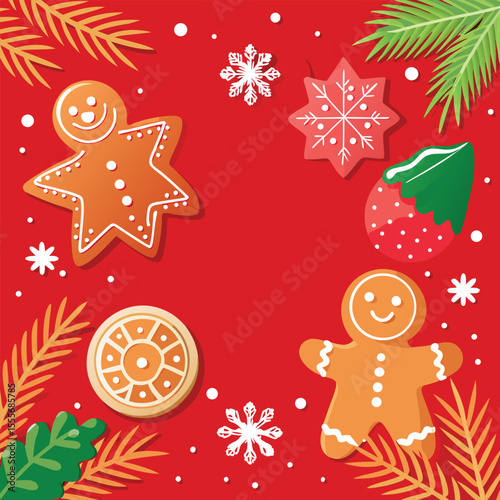 Red Christmas gingerbread background. Xmas design with winter cookies, fir branches, snowflakes and snow. Empty space for your text. Template for cards, banner, poster.
