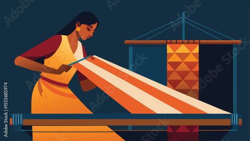 Woman weaving fabric on a loom with geometric hanging design landscape illustration