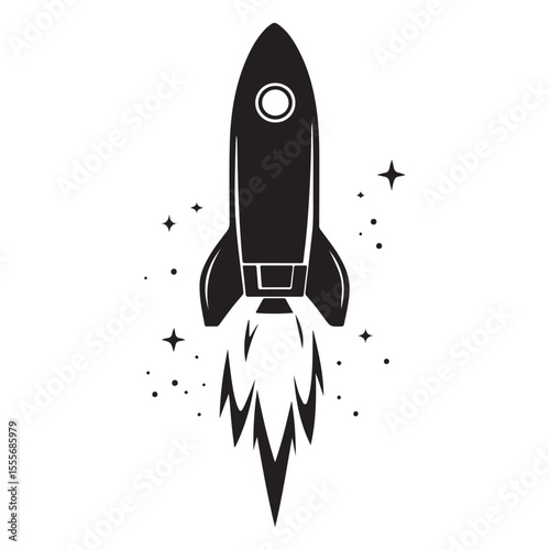 Realistic Flying rocket black and white drawing silhouette vector art design 