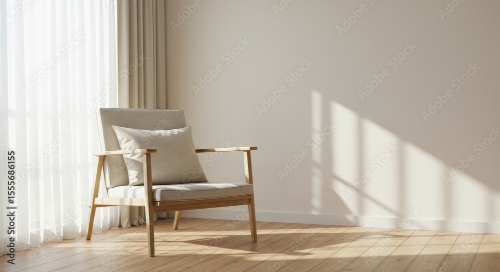 Fototapeta premium Beige Armchair with Pillow in Sunny Minimalist Room Interior
