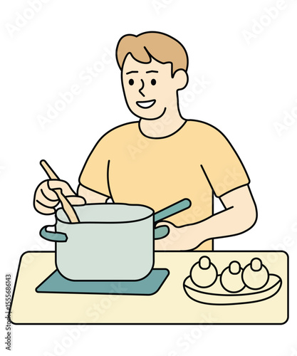 Illustration of a man cooking soup on a stovetop in a clean modern kitchen. Perfect for food blogs and home cooking content.