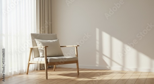 Beige Armchair with Pillow in Sunny Minimalist Room Interior