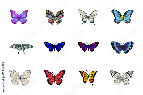 Colorful vector illustration set of isolated butterflies in various designs, perfect for summer and spring nature collections