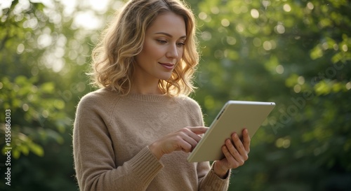 Blonde Woman Using Tablet Outdoors in Green Bokeh Background