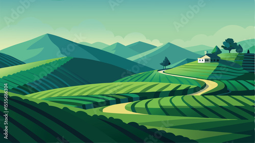 Scenic view of rolling green hills with a house on the hilltop landscape illustration