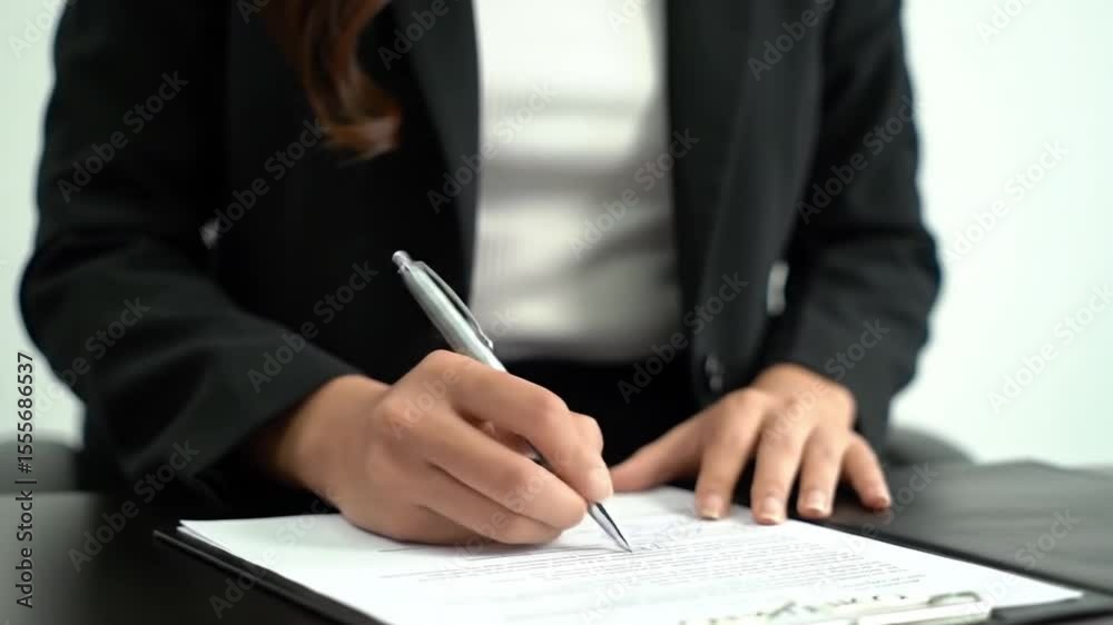 Businesswoman in a black suit signs a document using a pen. Suitable for business, contract, agreement, corporate, and legal concepts.
