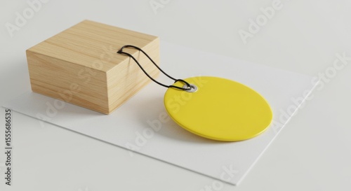 Bright Yellow Tag on Wooden Box with White Card Mockup
