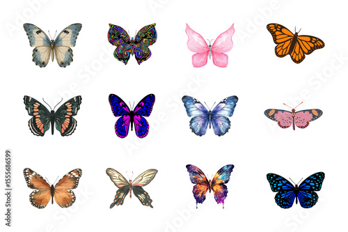 Colorful vector illustration set of isolated butterflies in various designs, perfect for summer and spring nature collections