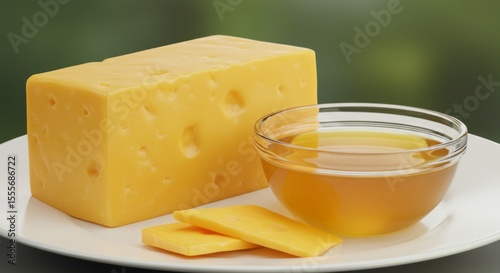 Cheese and Honey Still Life, Yellow and Golden Tones, on White Plate Against Blurred Green Background