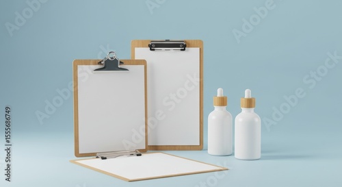 Clipboard Set with White Cosmetic Bottles on Light Blue Background