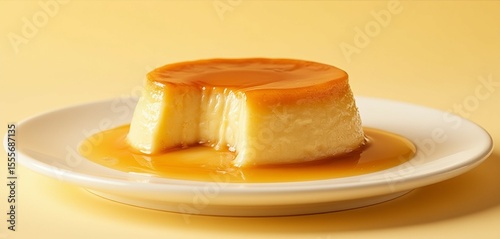 Golden caramel flan with smooth custard on plate