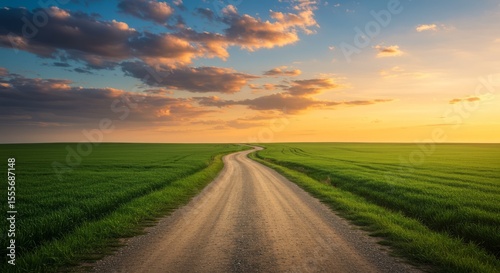 Dusty Road Winding Through Vibrant Green Field at Sunset with Cloudy Sky