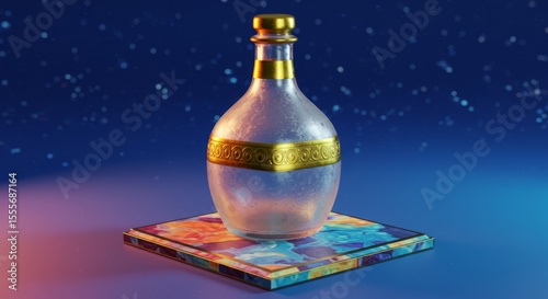 Elegant Glass Bottle with Golden Accents on Decorative Square Platform