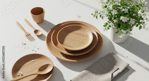 Elegant Wooden Tableware Setting with White Flowers and Linen Napkin on Bright White Table