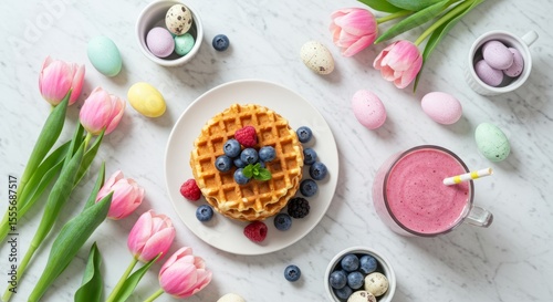 Festive Waffles with Berries and Pink Smoothie on Marble Table