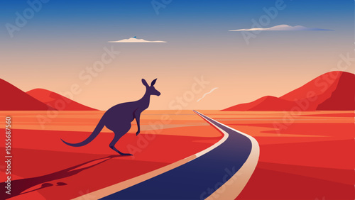 Kangaroo on red desert with winding road and distant mountains landscape illustration